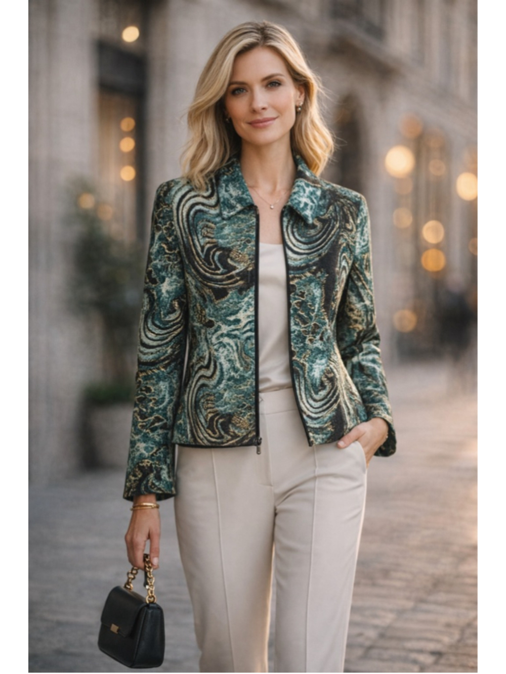 Joseph Ribkoff Jacket Women's 14 Abstract Blazer Art Maximalist Statement Green